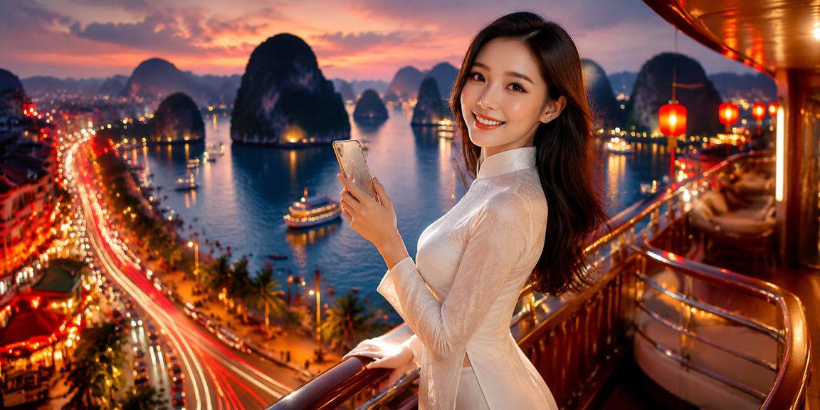 Người dùng xem lịch thi đấu thể thao trên điện thoại với cảnh vịnh Hạ Long phía sau