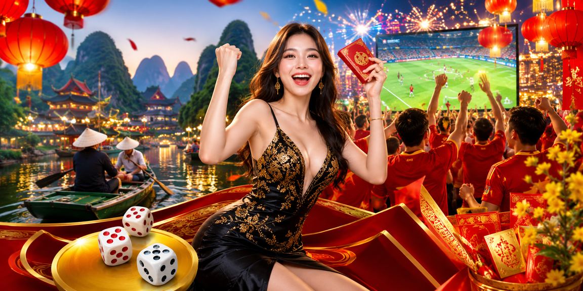 Khung cảnh Ninh Bình về đêm với đèn lồng và bàn xúc xắc tài xỉu truyền thống